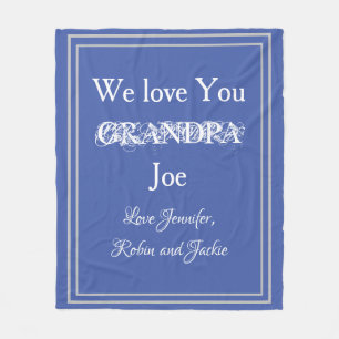 "We Love You GRANDPA" Custom Names Blue and White Fleece Blanket