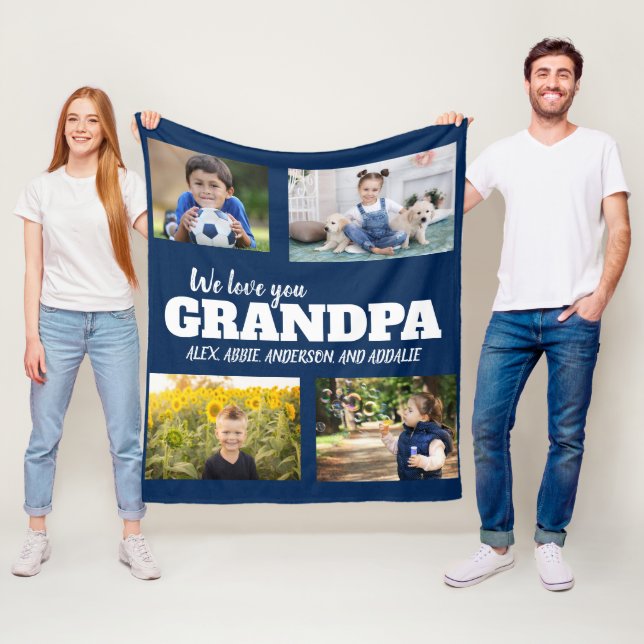 We Love You Grandpa Navy Blue 4 Photo Child Family Fleece Blanket (In Situ)