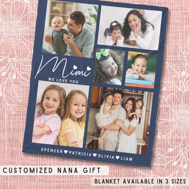 We Love You Mimi Grandkids 6 Photo Collage Blue   Fleece Blanket (We Love You Mimi Grandkids 6 Photo Collage Blue Fleece Blanket
)