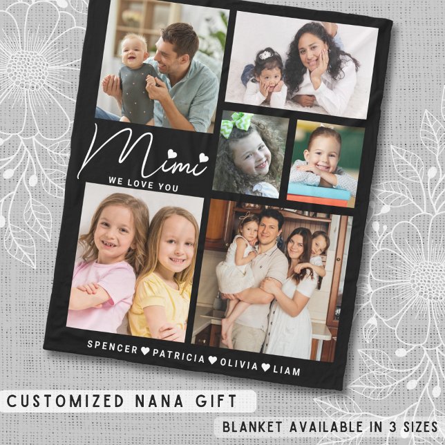 We Love You Mimi Grandkids Names 6 Photo Collage  Fleece Blanket (We Love You Mimi Grandkids Names 6 Photo Collage Fleece Blanket)