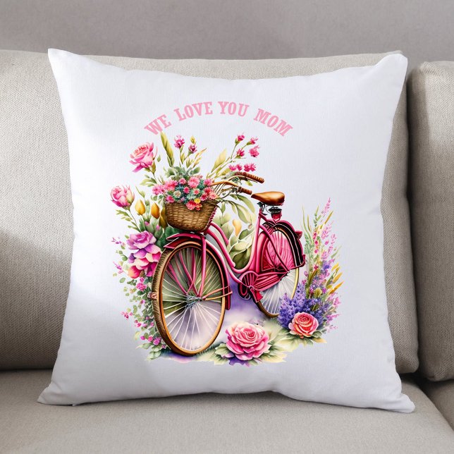 We Love You Mom Bicycle Pretty Flowers Add Photo Cushion (Creator Uploaded)