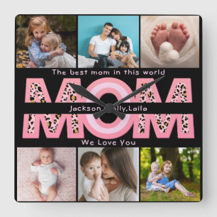 We Love You Mom Pink Minimalist 6 Photo collage Square Wall Clock