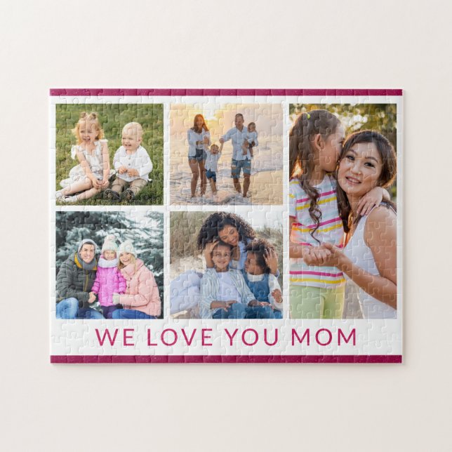 We Love You Mum 5 Photo Collage Pink Glitter Jigsaw Puzzle (Horizontal)