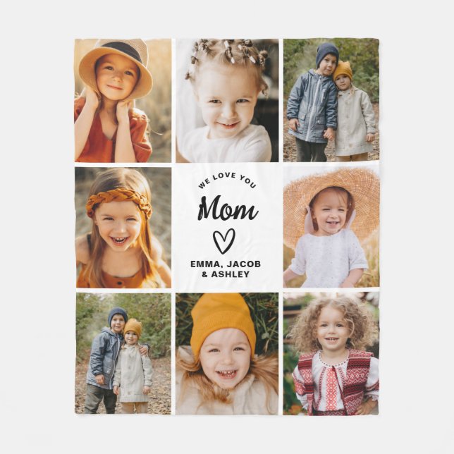 We Love You Mum Family Modern Photo Collage Fleece Blanket (Front)
