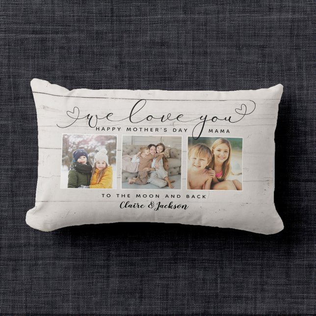 We love You Mum Family Photo Collage Rustic Script Lumbar Cushion (wonderful farmhouse mothers day gift)