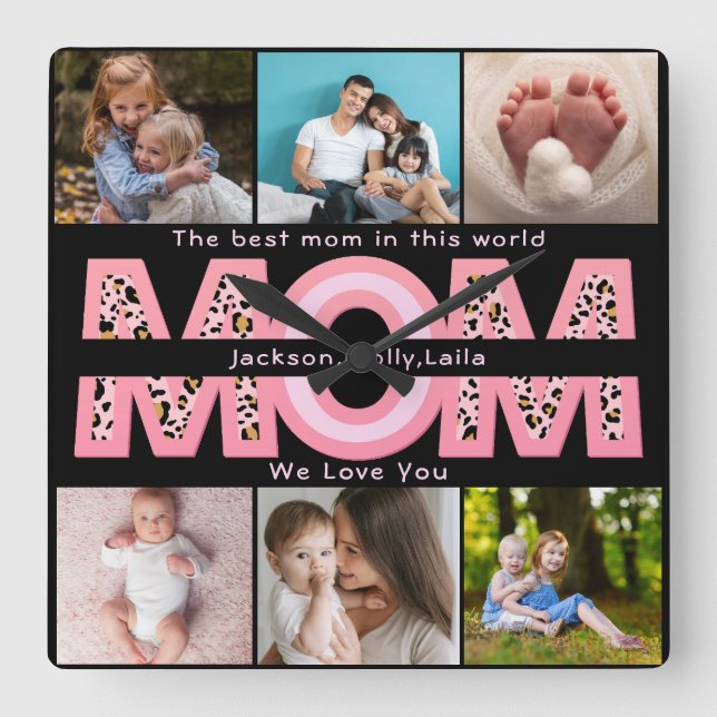 We Love You Mum Pink Minimalist 6 Photo collage Square Wall Clock (Front)