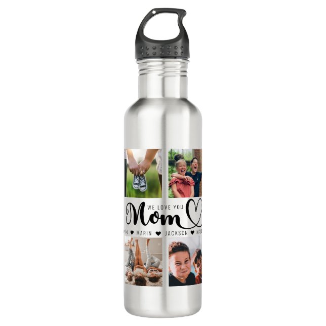 We Love You Mum Script Kids Names Photo Collage 710 Ml Water Bottle (Front)