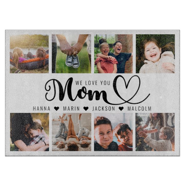 We Love You Mum Script Kids Names Photo Collage Cutting Board (Front)