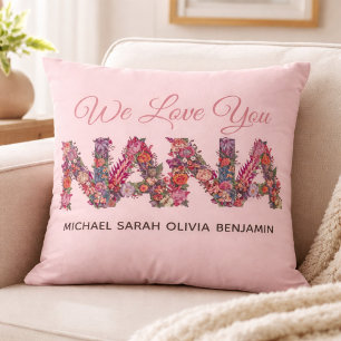 We Love You Nana Floral Lettering Pink Kids Names  Cushion