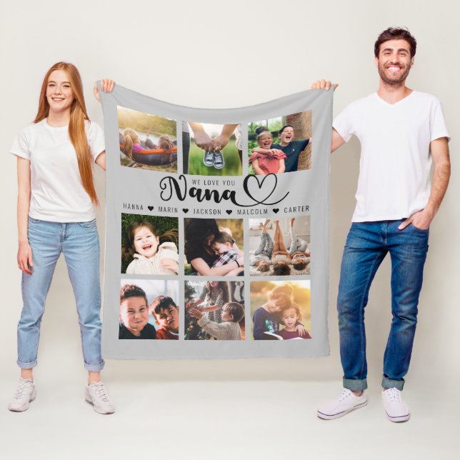We Love You Nana Grandkid Names Grey Photo Collage Fleece Blanket (In Situ)