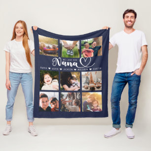 We Love You Nana Grandkid Names Navy Photo Collage Fleece Blanket