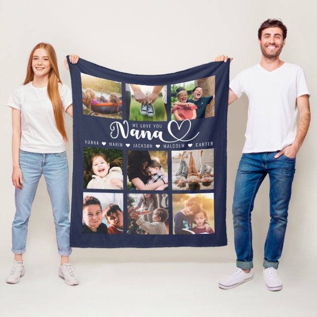 We Love You Nana Grandkid Names Navy Photo Collage Fleece Blanket (In Situ)