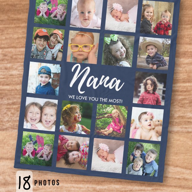 We Love You Nana Grandkids 18 Photo Collage Blue Fleece Blanket (Creator Uploaded)