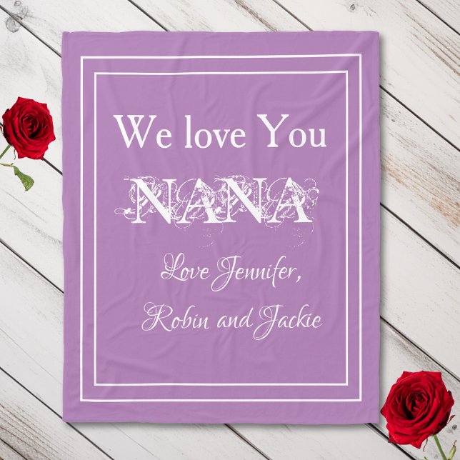 "We Love You NANA" Personalised Cuddly Lavender Fleece Blanket ("We Love You NANA" Personalized Names, Cute and Cuddly Lavender Fleece Blanket.)
