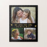 We Love You OMA 3 Photo Collage Black Jigsaw Puzzle<br><div class="desc">Personalise this fun photo puzzle with 3 favourite grandkids photos for grandma to solve. Add a loving message and names for the personal touch.</div>