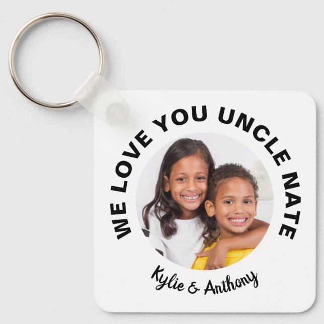 We Love You Uncle Custom Photo and Names White Key Ring (Front)