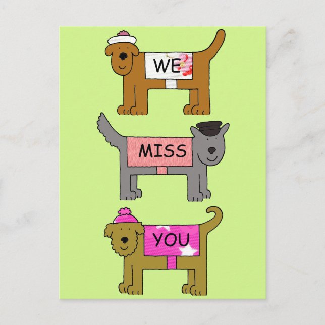 We Miss You Cartoon Dogs in Hats and Coats Postcard (Front)