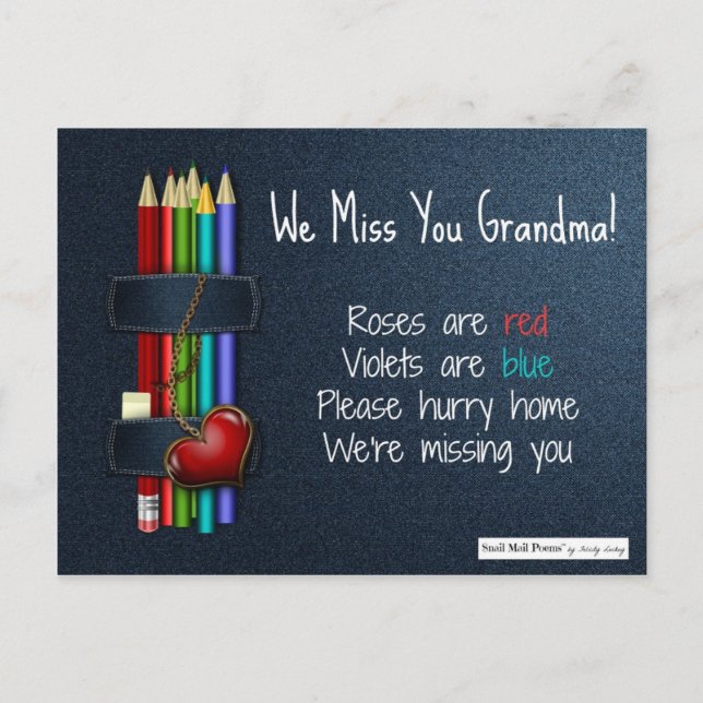 We Miss You Grandma: Roses are Red Poem from Kids Postcard (Front)