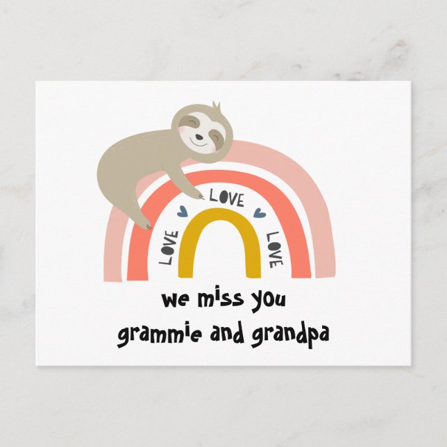 We Miss You Rainbow Sloth Grandparents Postcard (Front)