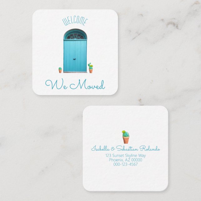 We Moved Blue Doors Southwest Potted Cactus Square Business Card (Front/Back)