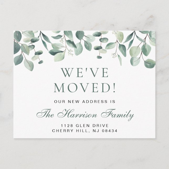 We Moved Eucalyptus Greenery Watercolor Moving Announcement Postcard (Front)