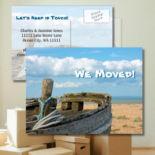 We Moved - Fishing Boat, Blue Sky, Beach, Clouds Announcement Postcard