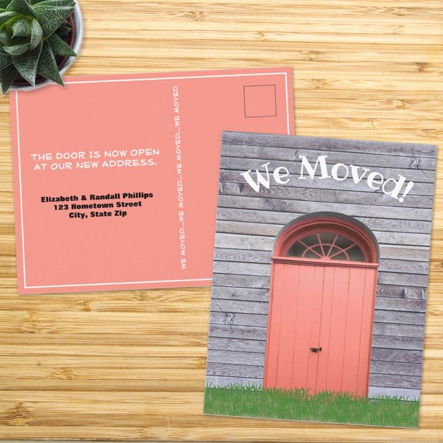 We Moved Rustic Weathered Wood Siding Coral Doors Postcard (Creator Uploaded)