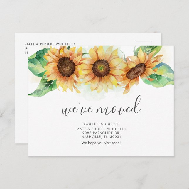 We Moved Watercolor Sunflower Moving Announcement Postcard (Front/Back)