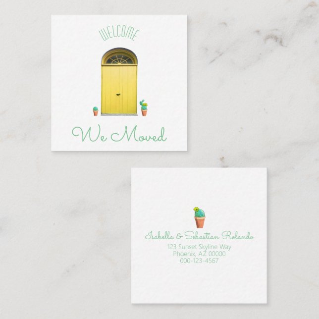 We Moved Yellow Doors Southwest Potted Cactus Square Business Card (Front/Back)