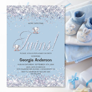 We’re Expecting Twins Blue Elephant Glitter Invitation