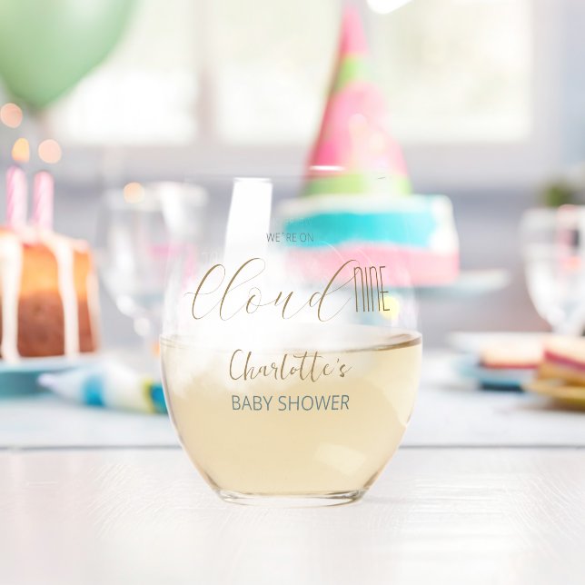 We´re on Cloud 9 Elegant Script Modern Baby Shower Stemless Wine Glass (Insitu (Birthday))