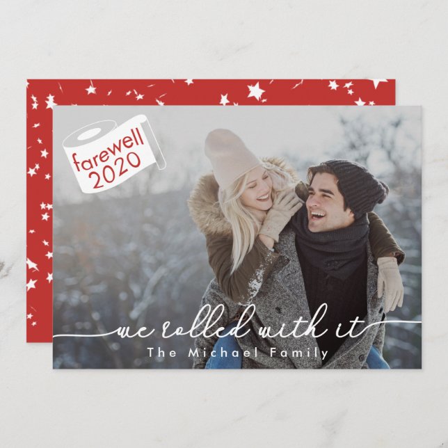 We Rolled with It Red and White Stars 2020 Photo Holiday Card (Front/Back)