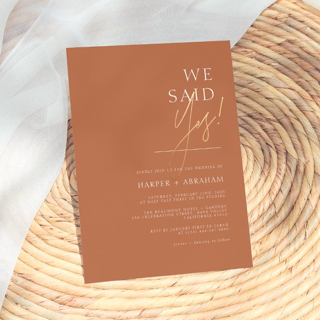 We Said Yes Terracotta & Gold Minimalist Wedding Invitation (Creator Uploaded)