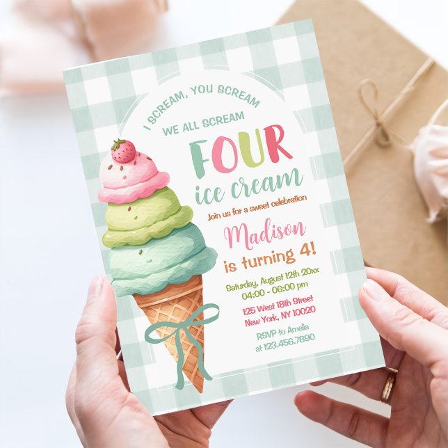 We Scream Four Ice Cream Bow 4th Birthday Invitation (Creator Uploaded)