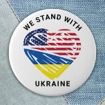 We Stand With Ukraine USA American Flag Heart  6 Cm Round Badge<br><div class="desc">Ukraine and USA American flag heart in ukrainian flag colours blue and yellow / gold and USA flag colours red white and blue to show support for Ukranian solidarity, peace and freedom. COPYRIGHT © 2021 Judy Burrows, Black Dog Art - All Rights Reserved. We Stand With Ukraine USA American Flag...</div>