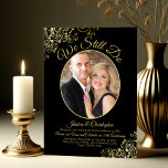 We Still Do Black & Gold Wedding Vow Renewal Invitation<br><div class="desc">This beautiful vow renewal/anniversary party invitation features an elegant script title reading "We Still Do." It has a simple yet elegant design with fancy gold script lettering on a classic black background, and your photo in an oval frame surrounded by ornate golden faux foil frills. Great way to invite your...</div>