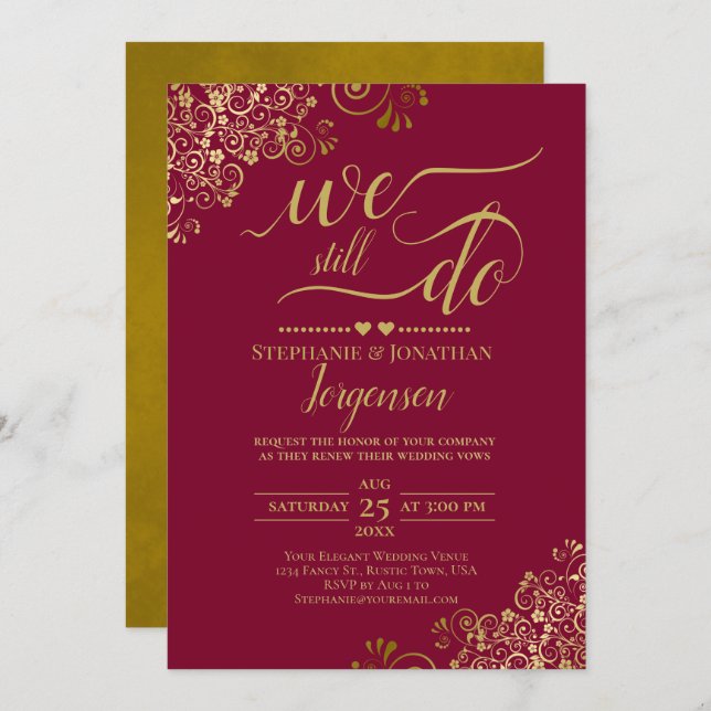 We Still Do Elegant Burgundy & Gold Vow Renewal Invitation (Front/Back)