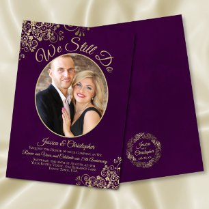 We Still Do Gold Curls on Plum Wedding Vow Renewal Invitation