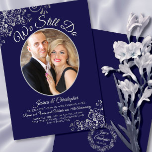 We Still Do Navy Blue & Silver Wedding Vow Renewal Invitation
