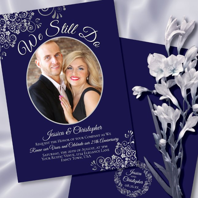 We Still Do Navy Blue & Silver Wedding Vow Renewal Invitation (Front/Back)