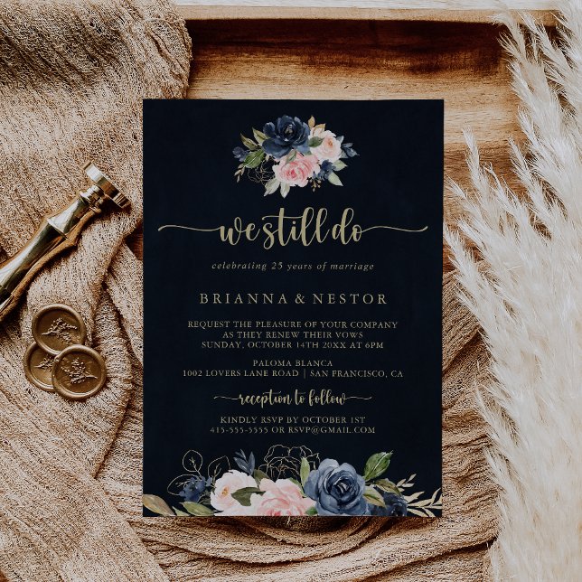 We Still Do Navy Blush Floral Gold Vow Renewal  Invitation (Creator Uploaded)