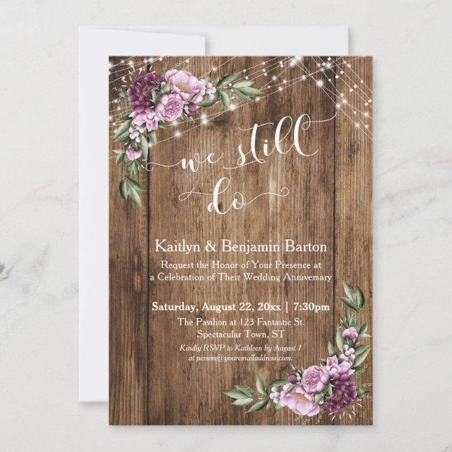 We Still Do, Rustic Wood Pink Floral Anniversary Invitation (Front)