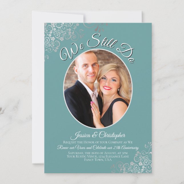 We Still Do Silver Curls Teal Wedding Vow Renewal Invitation (Front)