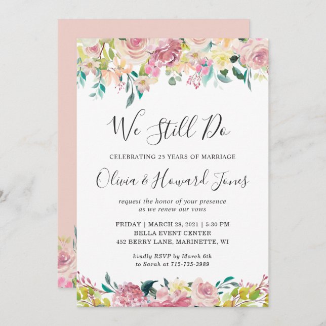 We Still Do Vow Renewal Pastel Chic Blush Floral Invitation (Front/Back)