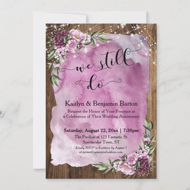 We Still Do, Wood Watercolor Flowers Anniversary Invitation (Front)