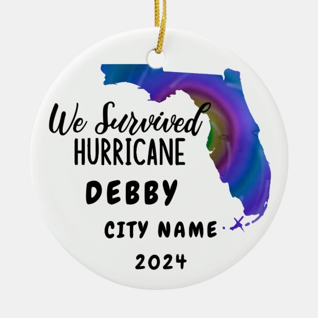 We Survived! Hurrican Debby Florida & City Name Ceramic Tree Decoration (Front)