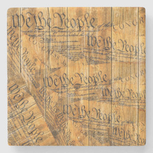 We The People American Constitution Rustic Wood Stone Coaster