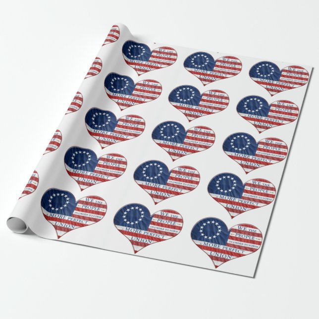 We The People American Flag Heart Wrapping Paper (Unrolled)
