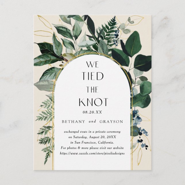 We tied the knot, Beige modern botanical wedding Announcement Postcard (Front)