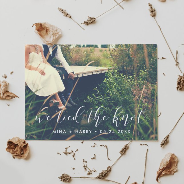 We tied the knot Elegant calligraphy photo card (Creator Uploaded)